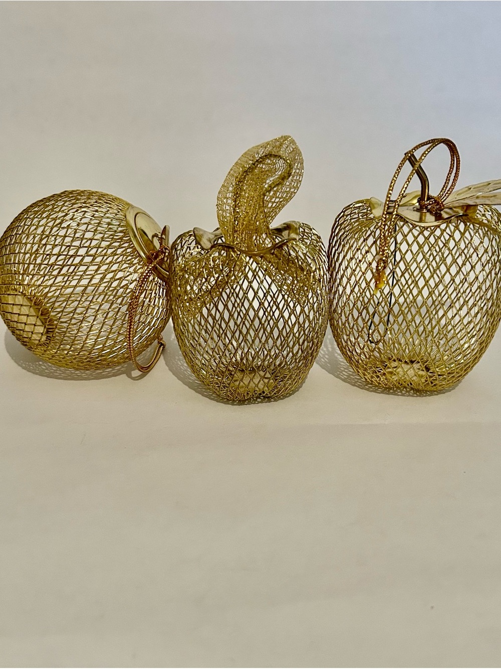 Lot of 3 Christmas Ornaments Gold Mesh Apples and Round Shaped Decorations